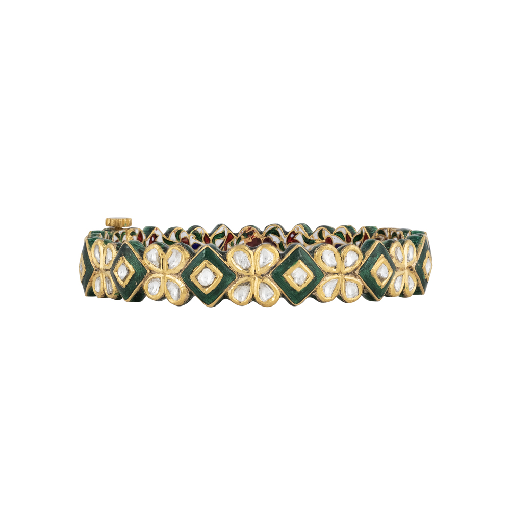 Polki Floral Bangle with Boxy Green Enamel